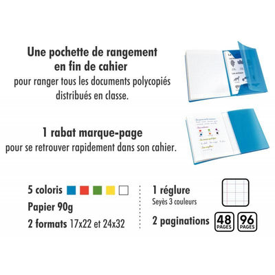 Piqûre 96 pages couverture polypropylène avec 2 rabats format 17x22 cm seyes coloris