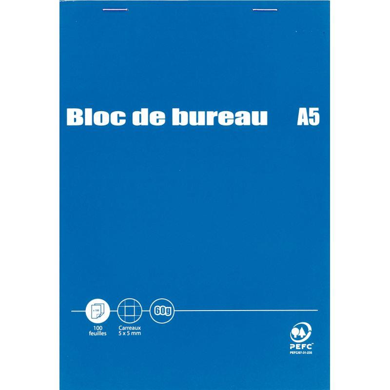 Bloc de bureau 100 feuilles, format A5, quadrillé 5x5, papier 60g